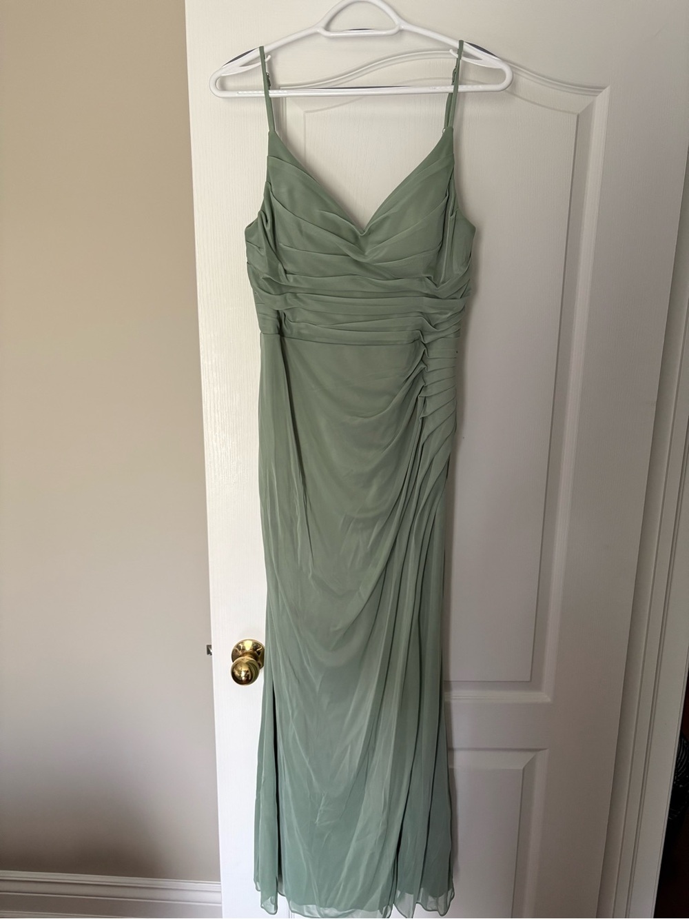 Azazie Sage Green Draped Spaghetti Strap Maxi Dress